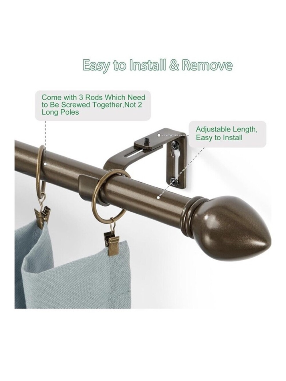 Curtain Rods for Windows 16 to 76 inches, Curtain Rod Brown-Modern Finish EasyUp